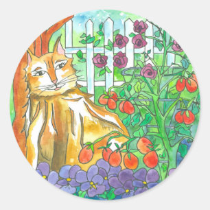 Calico Kat Plantaardige Tuin Waterverf Schilderij Ronde Sticker