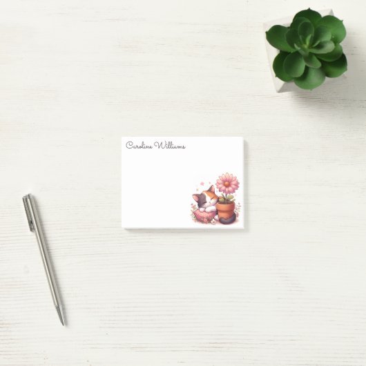 Calico Kat Slapen Kitten met een Roze Daisy Post-it® Notes (Kantoor)