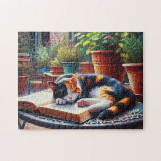 Calico Kat Slapen op een Boek Tuin Schilderij Legpuzzel (Horizontaal)