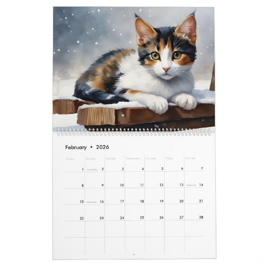 Calico Katten Waterverf Art 12-Maand 2024 Kalender (Feb 2026)