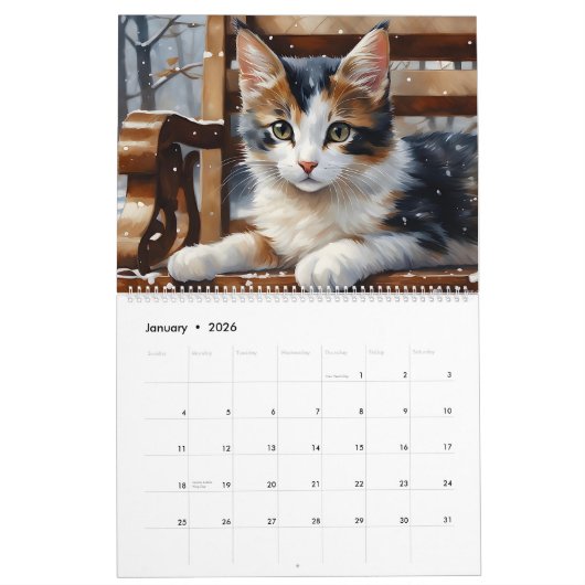 Calico Katten Waterverf Art 12-Maand 2024 Kalender (Jan 2026)