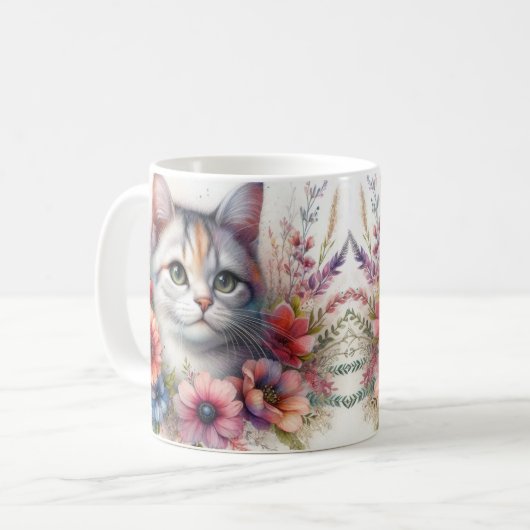 Calico Kattenportret met bloemen Koffiemok (Voorkant links)
