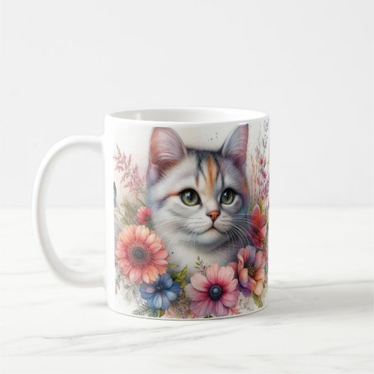 Calico Kattenportret met bloemen Koffiemok (Links)