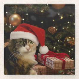 Calico Kerstman Kitty Glas Onderzetter