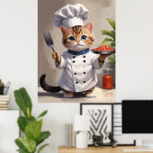 Calico Kitten Chef met Fork Schattige Bakken Poster (Thuiskantoor)