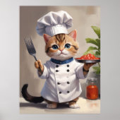 Calico Kitten Chef met Fork Schattige Bakken Poster (Voorkant)