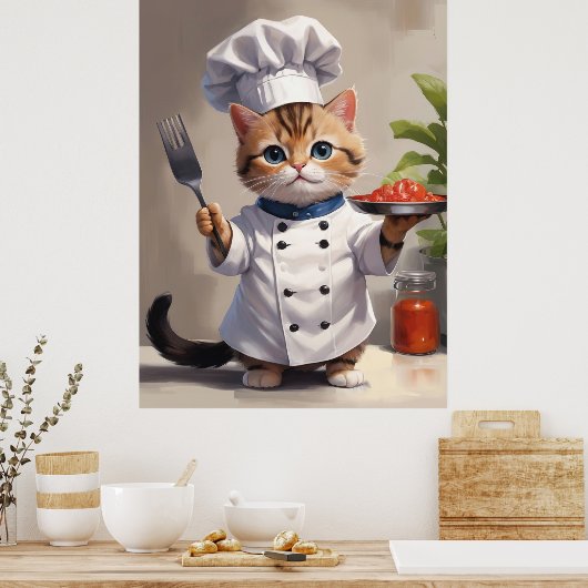 Calico Kitten Chef met Fork Schattige Bakken Poster (Keuken)