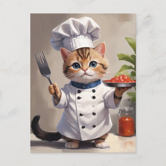 Calico Kitten Chef met Fork Schattigee Baking Cat Briefkaart (Voorkant)