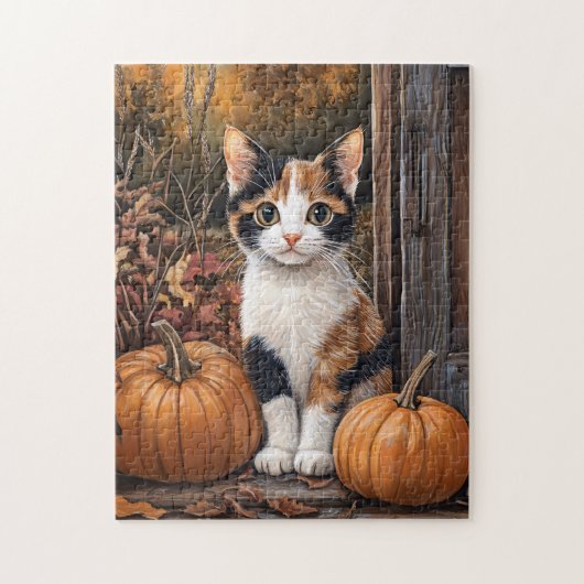 Calico Kitten zit tussen de herfstbladeren Legpuzzel (Verticaal)