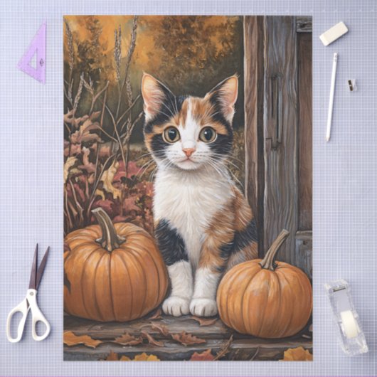 Calico Kitten Zittend Tussen Herfstbladeren Decoup Tissuepapier (Craft)