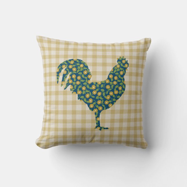 Calico Rooster Gingham Pattern Blue Yellow Green Kussen (Voorkant)