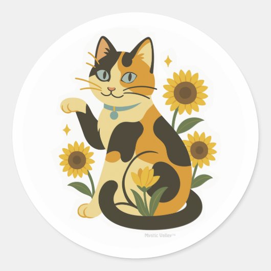 Calico with Sunflowers  Ronde Sticker (Voorkant)