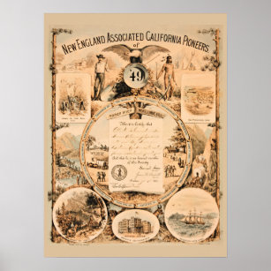 California 1849 Gold Rush Pioneers Souvenir Art Poster