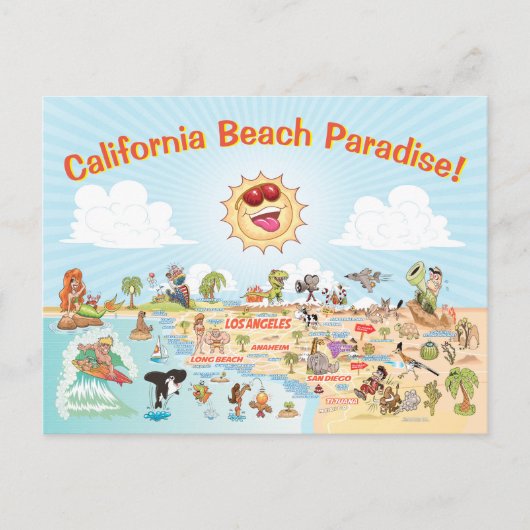 California Beach Paradise Cartoon Briefkaart (Voorkant)