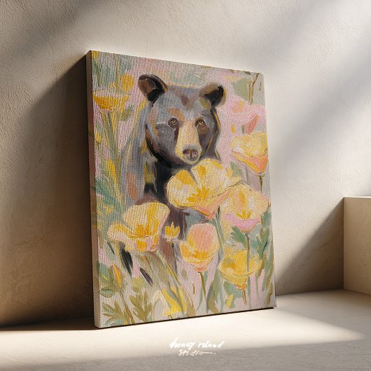 California Bear with Poppies & Wildflowers Art Pri Canvas Afdruk