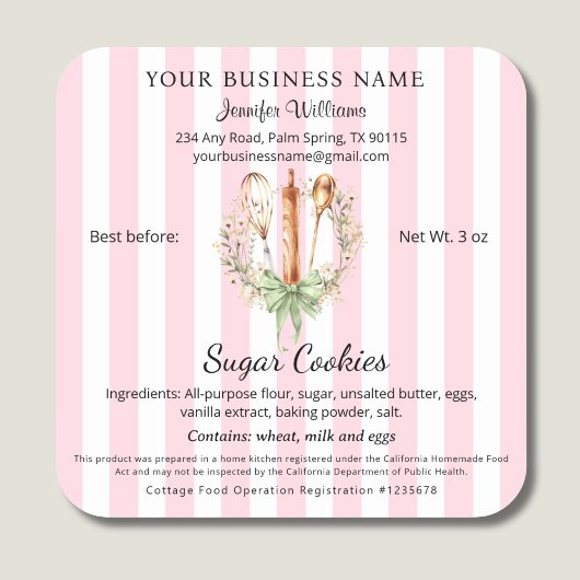 California Cottage Law Food Bakery Label Utensils