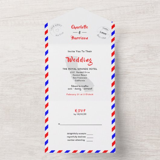 California Destination Wedding Airmail All In One Uitnodiging (Binnen)