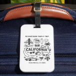 California Family Trip Custom Matching Bagagelabel<br><div class="desc">This black-and-white California doodle-style travel design showcases iconic symbols of the Golden State including the Golden Gate Bridge, surf waves, palm trees, tacos, and road-trip elements. Personalize the text with your family name, travel destination and year to create a unique souvenir for a California vacation, family trip, reunion, or group...</div>