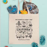 California Family Trip Custom Matching Tote Bag<br><div class="desc">This black-and-white California doodle-style travel design showcases iconic symbols of the Golden State including the Golden Gate Bridge, surf waves, palm trees, tacos, and road-trip elements. Personalize the text with your family name, travel destination and year to create a unique souvenir for a California vacation, family trip, reunion, or group...</div>