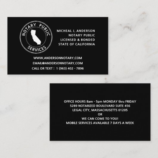 California Notary Public Services Visitekaartje (Voorkant / Achterkant)