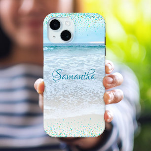 California Oceaan Strand Blauw Goud Confetti Aange iPhone 15 Case