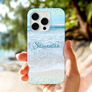 California Ocean Beach Photo Blue Gold Confetti iPhone 16 Pro Hoesje