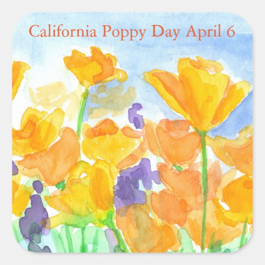 California Poppy Day Waterverf Flowers Vierkante Sticker (Voorkant)