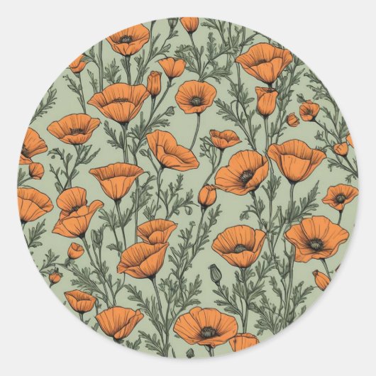 California Poppy Oranje bloempatroon Ronde Sticker (Voorkant)