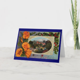 California Poppy Vintage Christmas Feestdagen Kaart