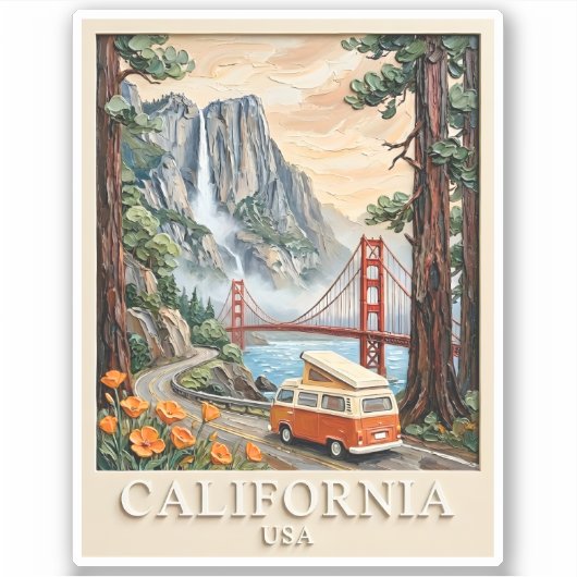 California Road Trip Vintage 3D Textured Landscape Sticker (Voorkant)