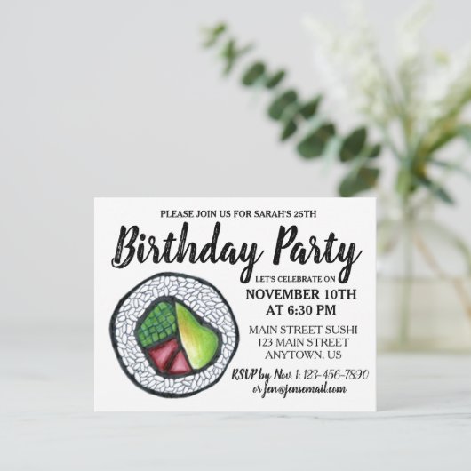 California Roll Japans eten Sushi Verjaardagsfeest Uitnodiging Briefkaart (Staand voorkant)