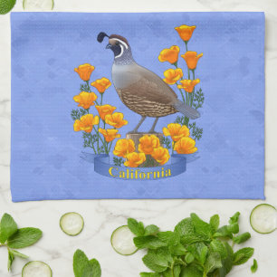 California State Bird Quail & Golden Poppy Theedoek