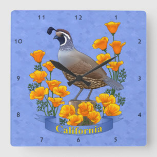 California State Bird Quail & Golden Poppy Vierkante Klok