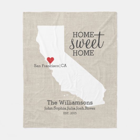 California State Love Home Sweet Home Custom Map Fleece Deken (Voorkant)