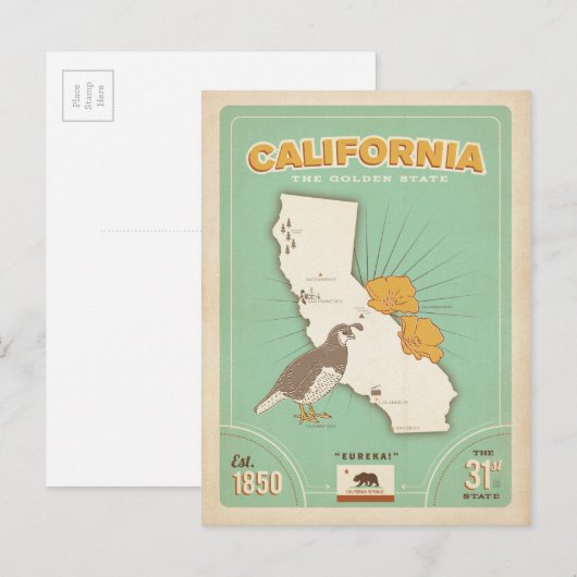 California State Map | Golden State Briefkaart (Voorkant / Achterkant)