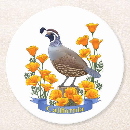 California State Quail Vogel & Poppy Bloem Ronde Kartonnen Onderzetter (Voorkant)