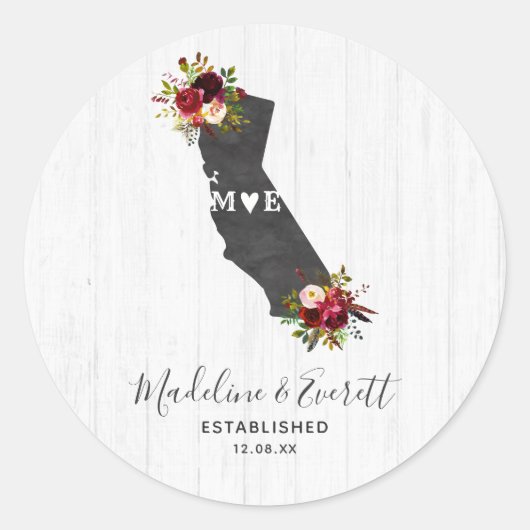 California State Rustic Floral Wedding Monogram Ronde Sticker (Voorkant)