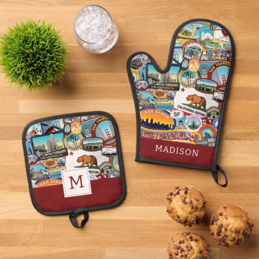 California Super Sticker Collage Pattern Ovenwant & Pannenlap Set (Top down)