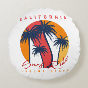 California Surf Ride Laguna Beach Retro Palm Zonso Rond Kussen