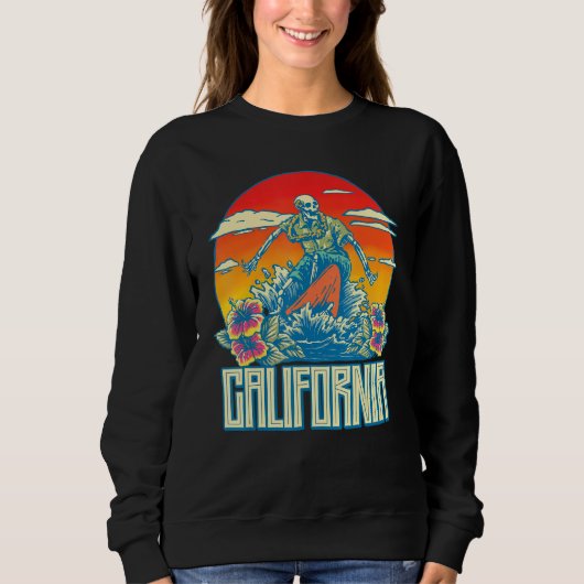 California Surfing Skeleton Skull Dead Waves Retro Trui (Voorkant)