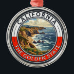 California Travel Art Badge Metalen Ornament<br><div class="desc">Californië retro vector reisontwerp. Deze retro-stijl reiskunst,  met zijn mix van gedurfde kleuren en  allure,  is ontworpen om een gevoel van avontuur te inspireren.</div>