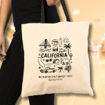 California Trip Family Vacation Custom Matching Tote Bag<br><div class="desc">This black-and-white California doodle-style travel design showcases iconic symbols of the Golden State including the Golden Gate Bridge, surf waves, palm trees, tacos, and road-trip elements. Personalize the text with your family name and year to create a unique souvenir for a California vacation, family trip, reunion, or group adventure.</div>