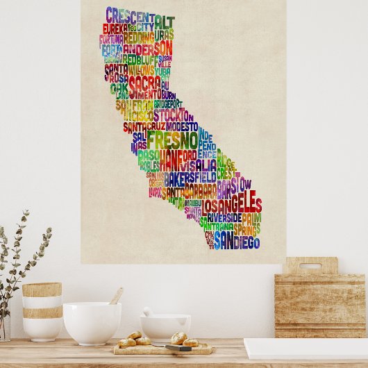 California Typography Text Map Poster (Keuken)
