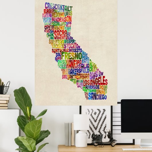 California Typography Text Map Poster (Thuiskantoor)