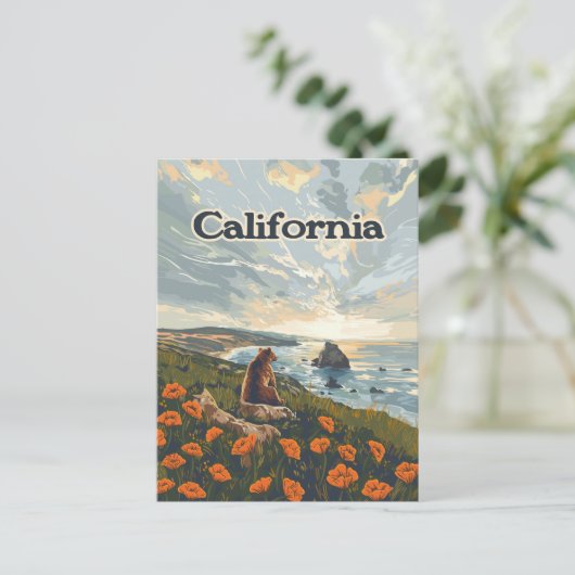 Californië Beer Poppies Flowers Coast Retro Briefkaart (Staand voorkant)