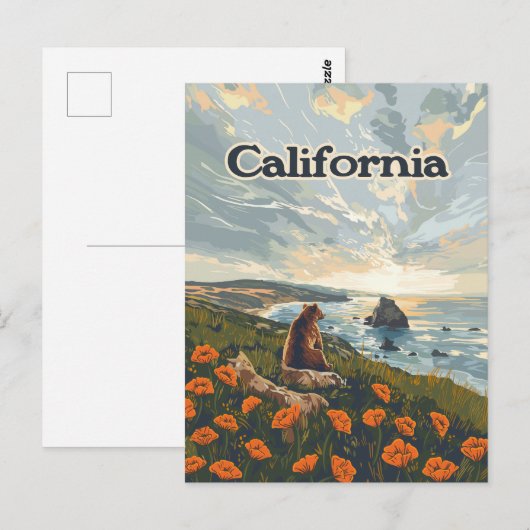 Californië Beer Poppies Flowers Coast Retro Briefkaart (Voorkant / Achterkant)