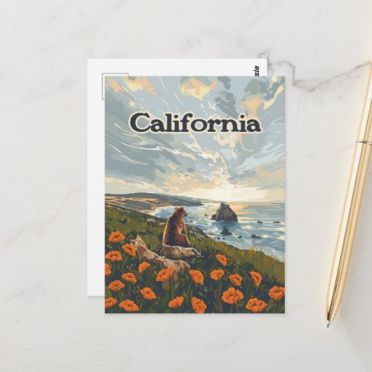 Californië Beer Poppies Flowers Coast Retro Briefkaart (Voorkant / Achterkant in situ)