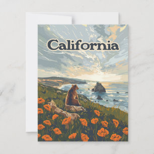 Californië Beer Poppies Flowers Coast Retro Kaart