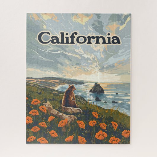 Californië Beer Poppies Flowers Coast Retro Legpuzzel (Verticaal)