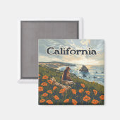 Californië Beer Poppies Flowers Coast Retro Magneet (Voorkant / Achterkant)